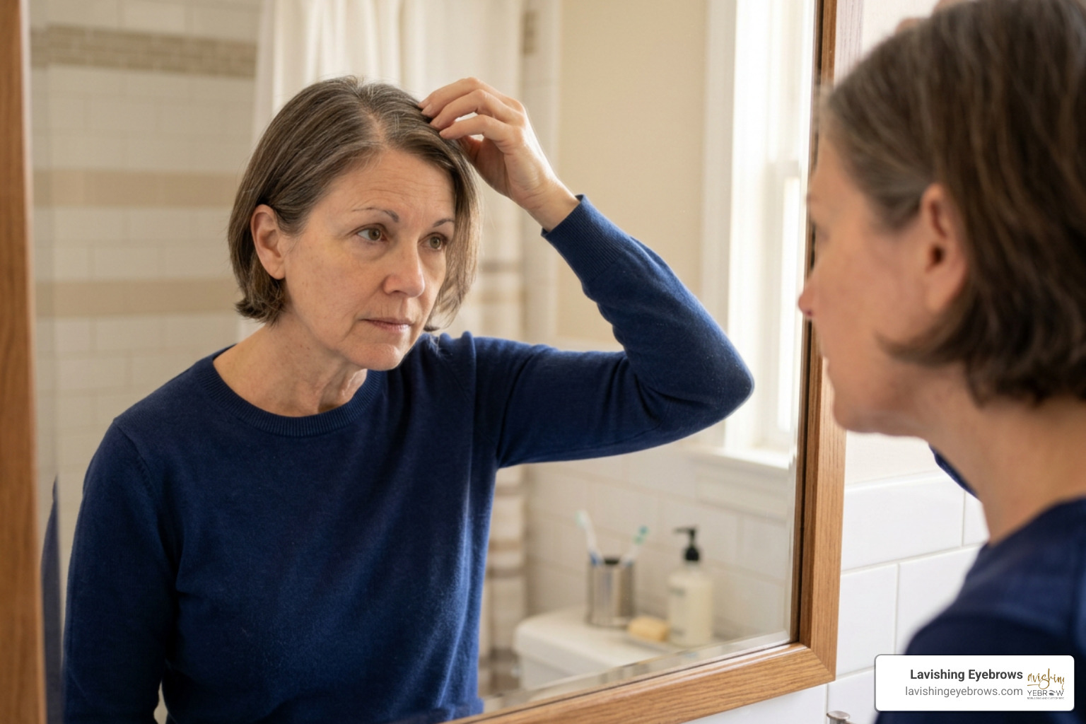woman noticing a widening hair part and sparse eyebrows in a mirror
