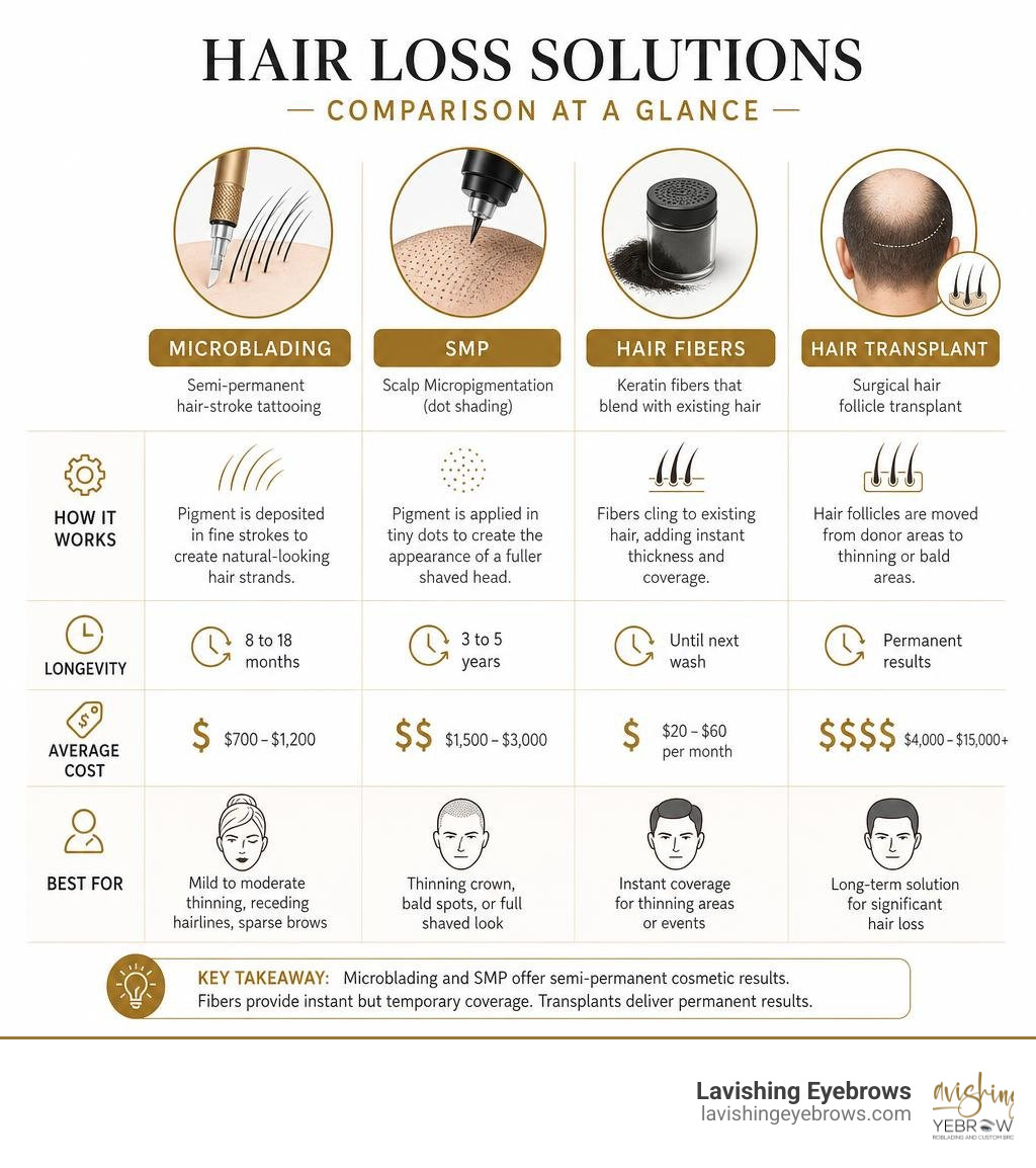 Hair loss solutions comparison infographic: microblading vs SMP vs fibers vs transplant, longevity and cost infographic Hair loss solutions comparison infographic: microblading vs SMP vs fibers vs transplant, longevity and cost infographic