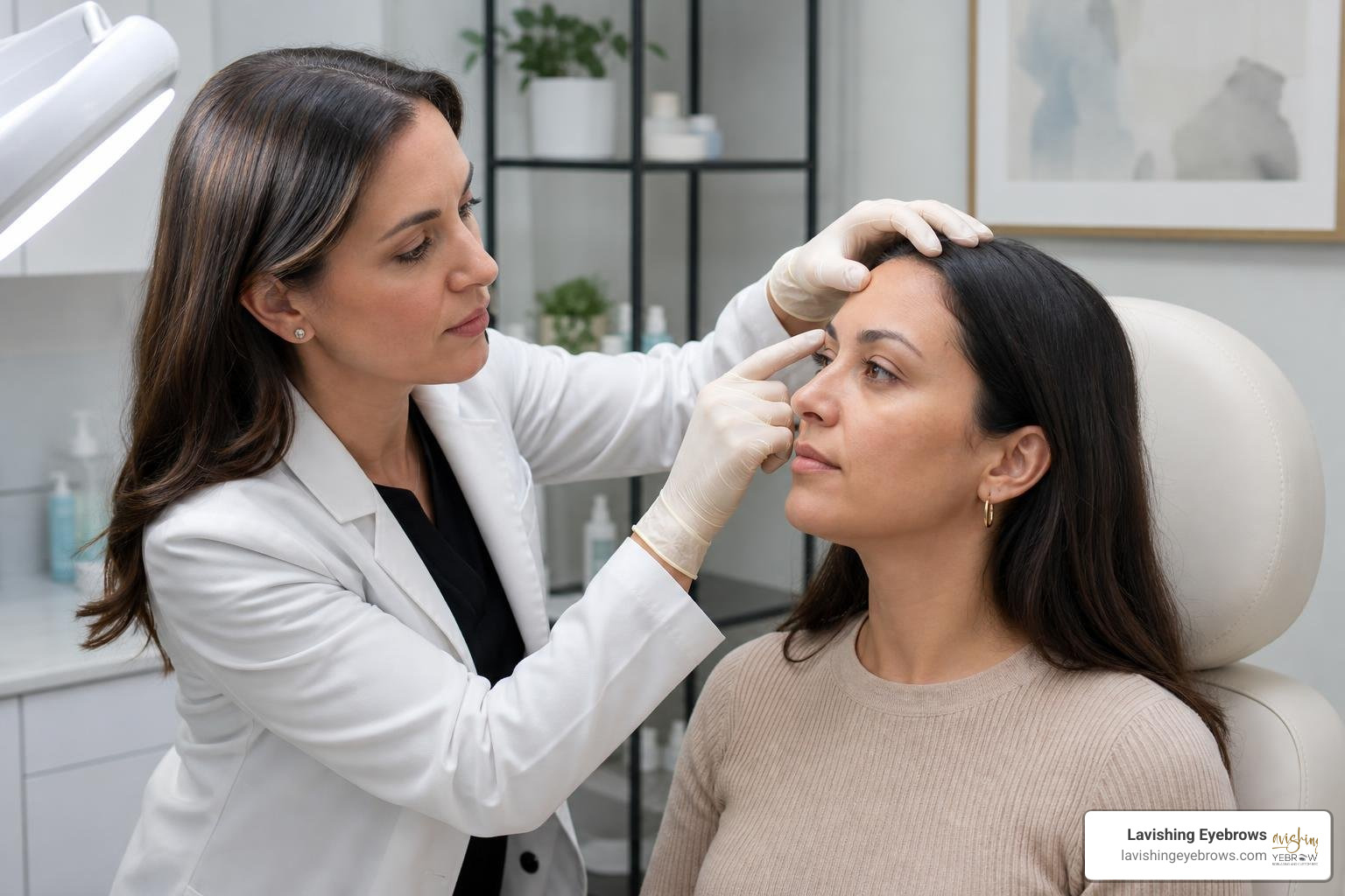 dermatologist examining patient for eyebrow hair loss dermatologist examining patient for eyebrow hair loss