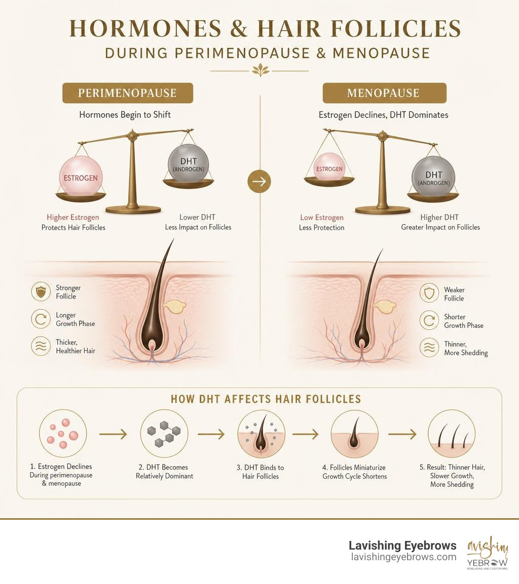 Infographic showing hormones estrogen DHT hair follicle connection during perimenopause and menopause infographic
