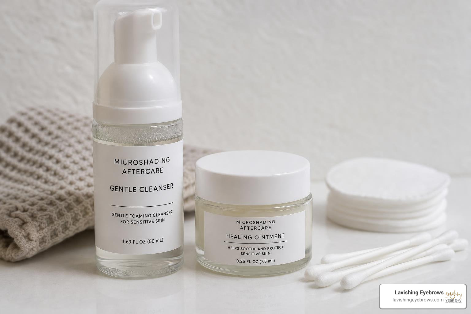 Microshading aftercare products: gentle cleanser, healing ointment, and cotton swabs Microshading aftercare products: gentle cleanser, healing ointment, and cotton swabs
