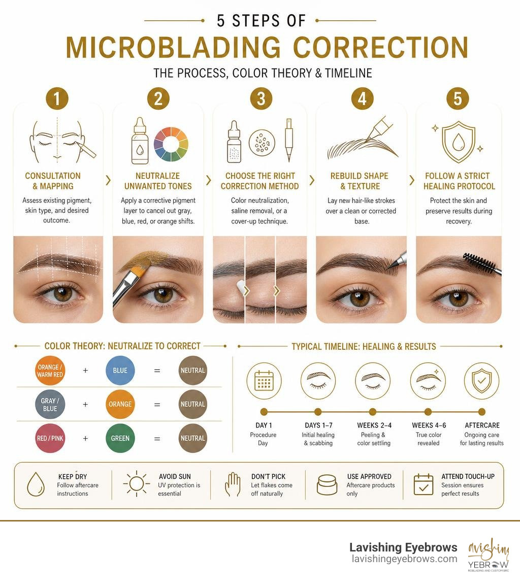 Infographic showing 5 steps of microblading correction process with color theory and timeline infographic