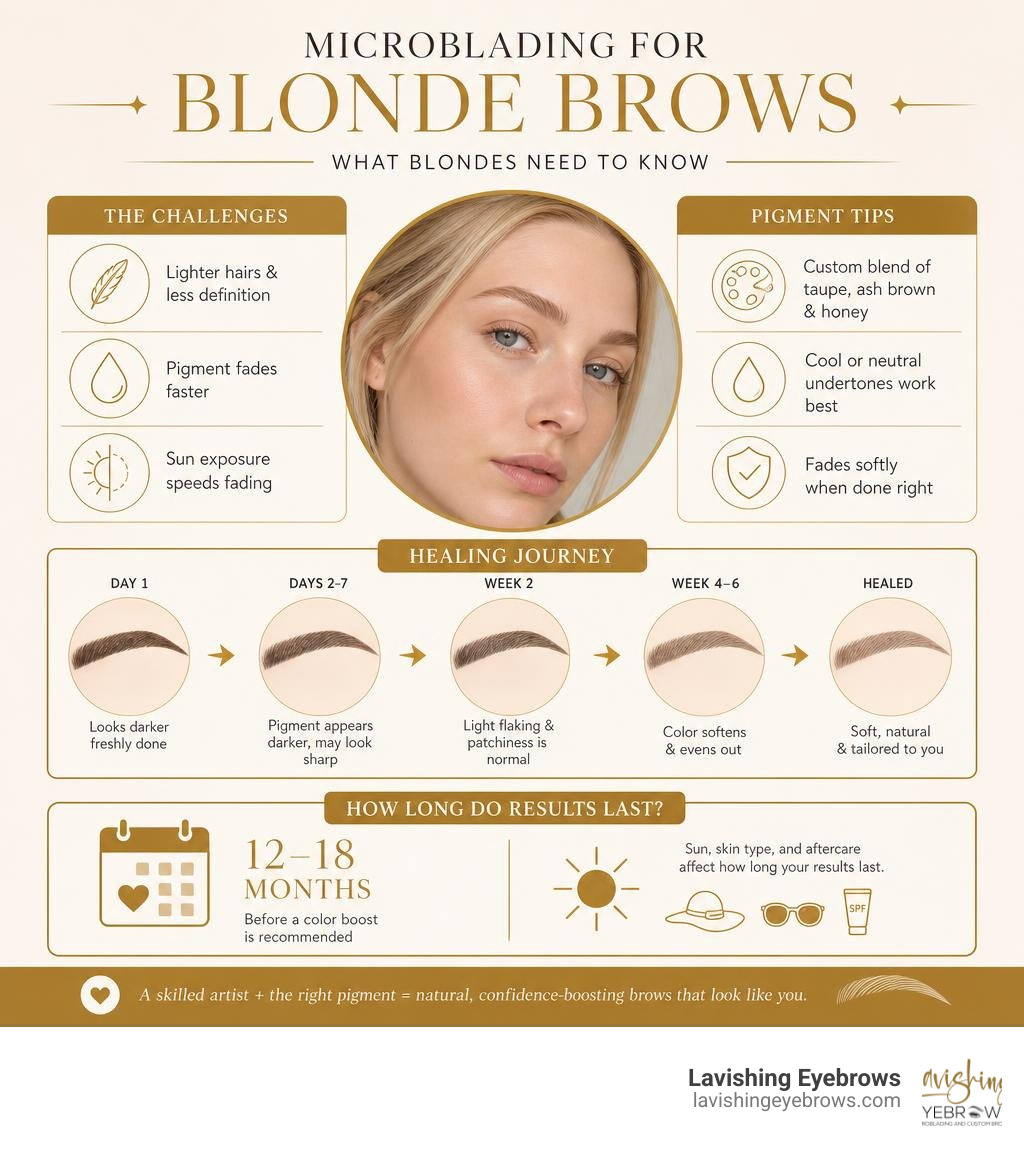 Blonde microblading transformation infographic: challenges, pigment tips, longevity, and healing stages infographic