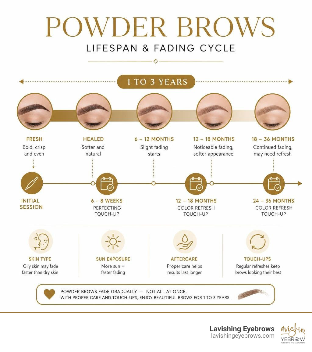 Powder brow lifespan fading cycle infographic showing 1 to 3 year timeline with touch-up points infographic Powder brow lifespan fading cycle infographic showing 1 to 3 year timeline with touch-up points infographic