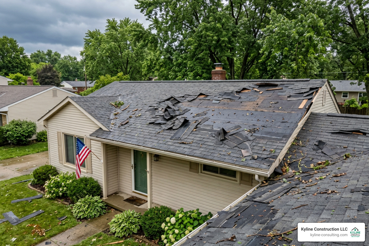 A wind-damaged roof on a Central Ohio home after a severe thunderstorm