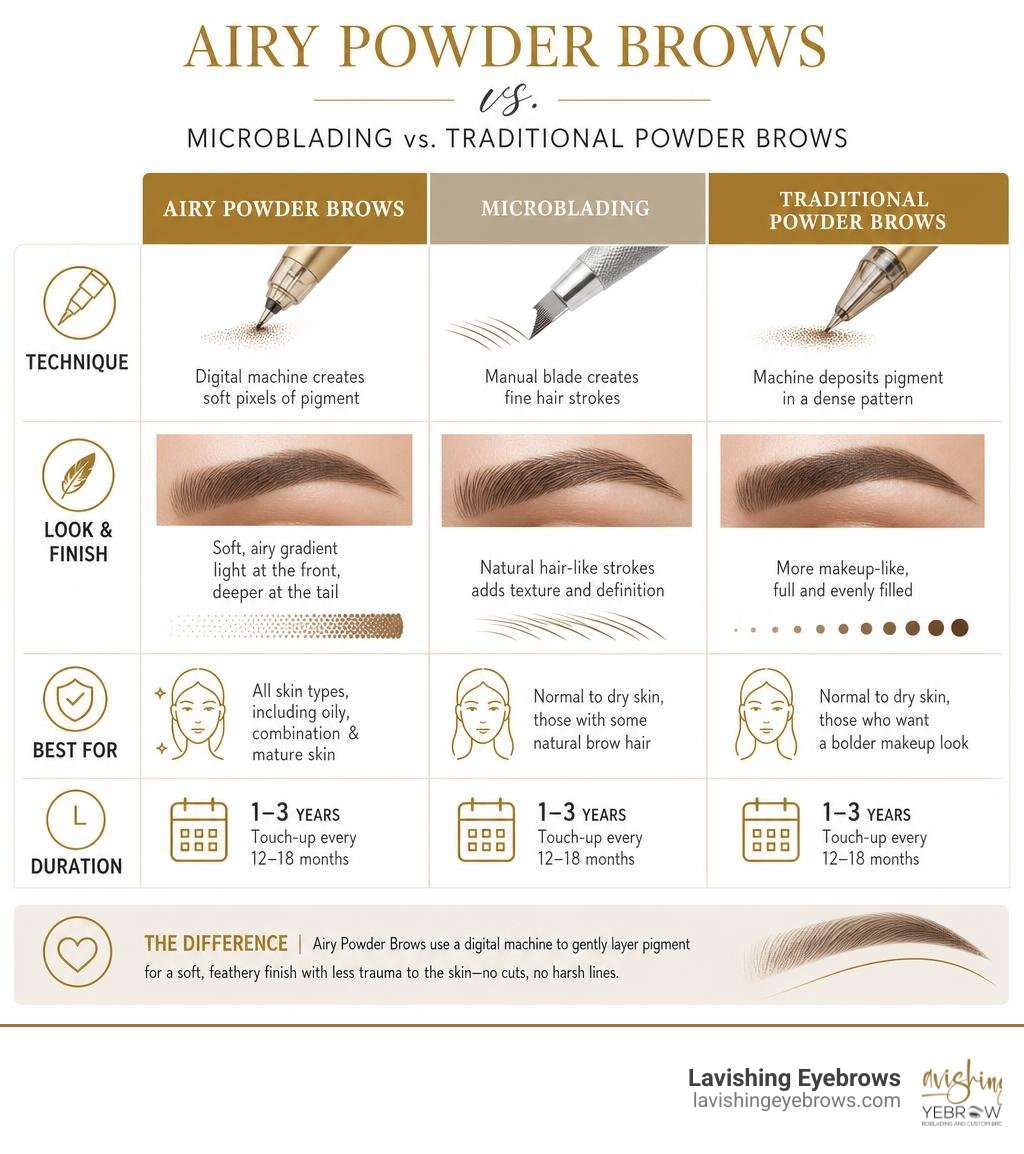 Infographic comparing airy powder brows vs microblading vs traditional powder brows technique and results infographic Infographic comparing airy powder brows vs microblading vs traditional powder brows technique and results infographic