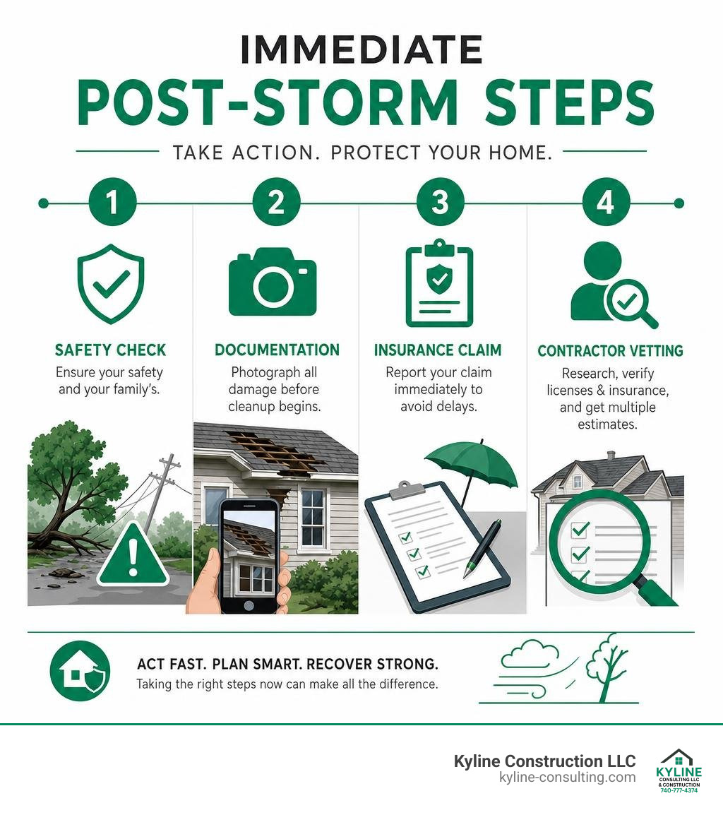 Immediate post-storm steps infographic: safety check, documentation, insurance claim, contractor vetting infographic
