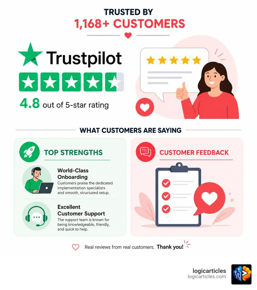 Infographic summarizing Unleashed Software's Trustpilot ratings and customer feedback infographic