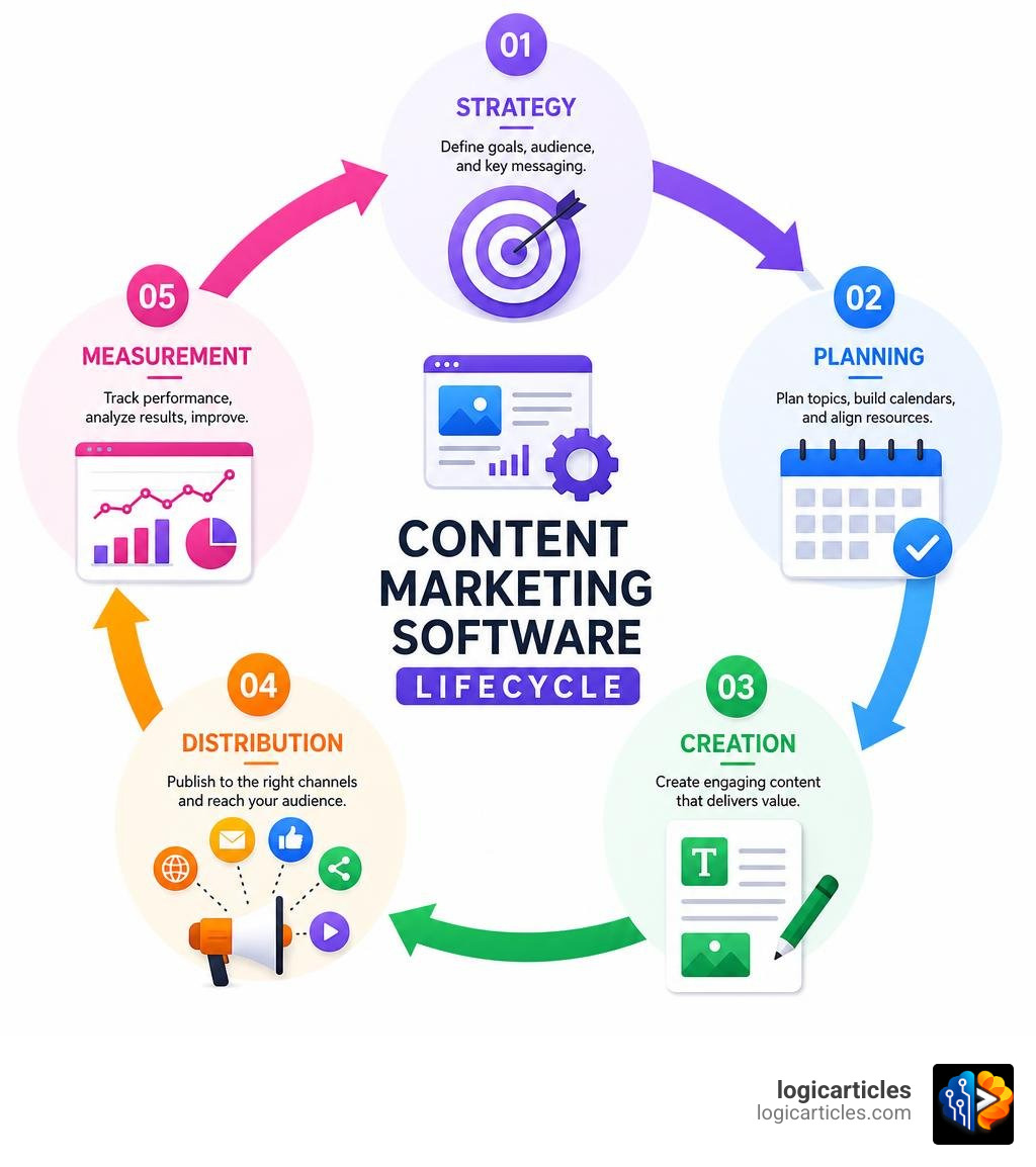 Content marketing software lifecycle stages: strategy, planning, creation, distribution, and measurement infographic
