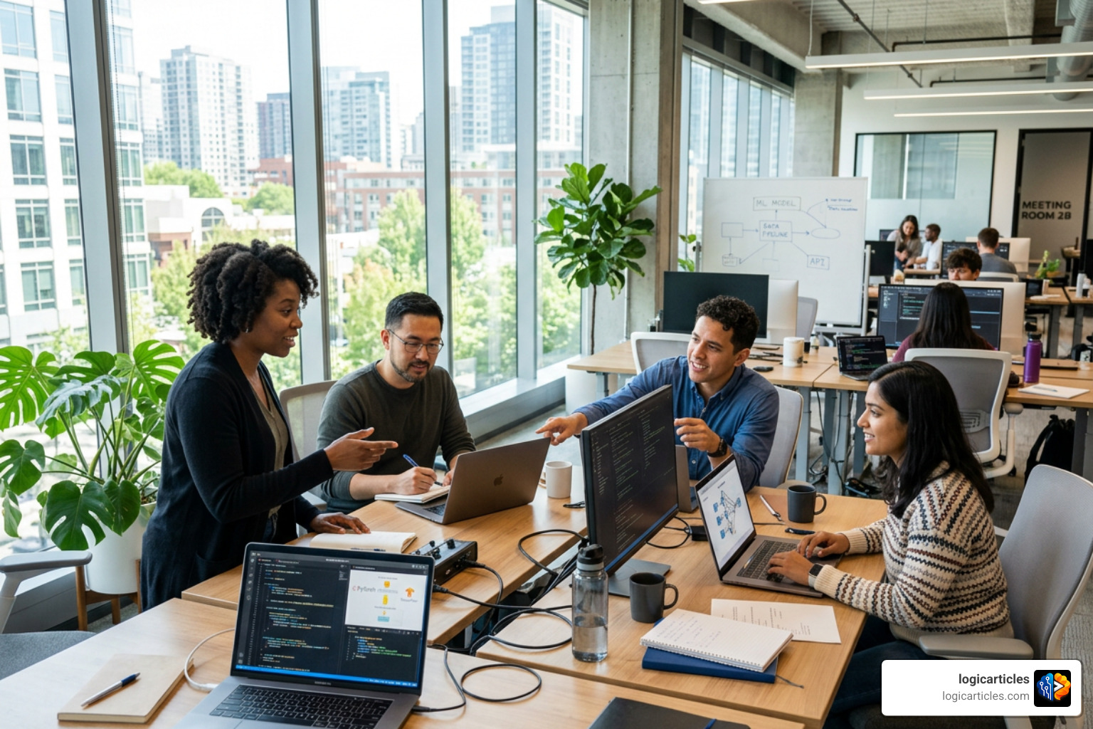 Software engineers collaborating on AI solutions in a modern office Software engineers collaborating on AI solutions in a modern office