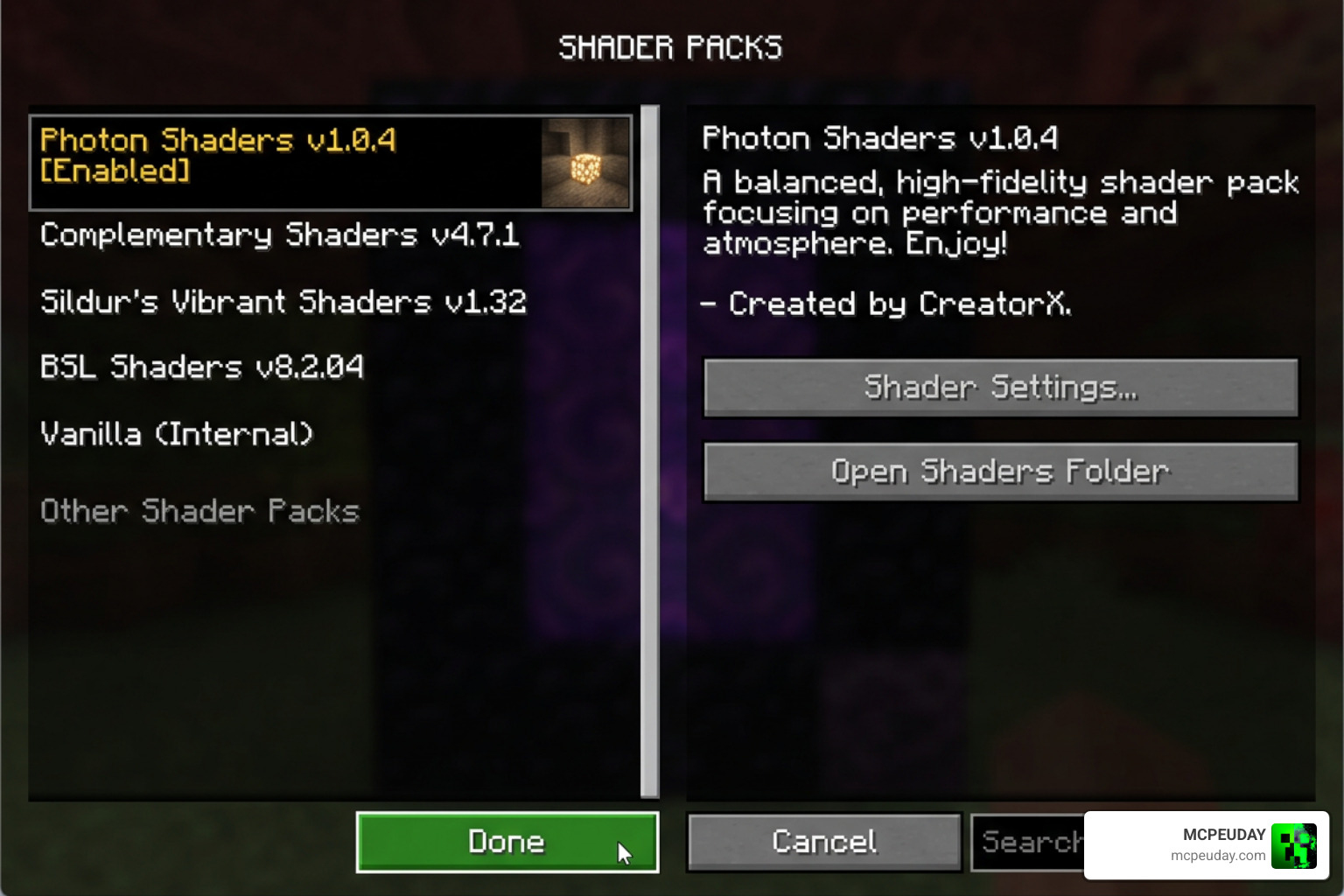 Selecting Photon Shaders in the Minecraft shader packs menu