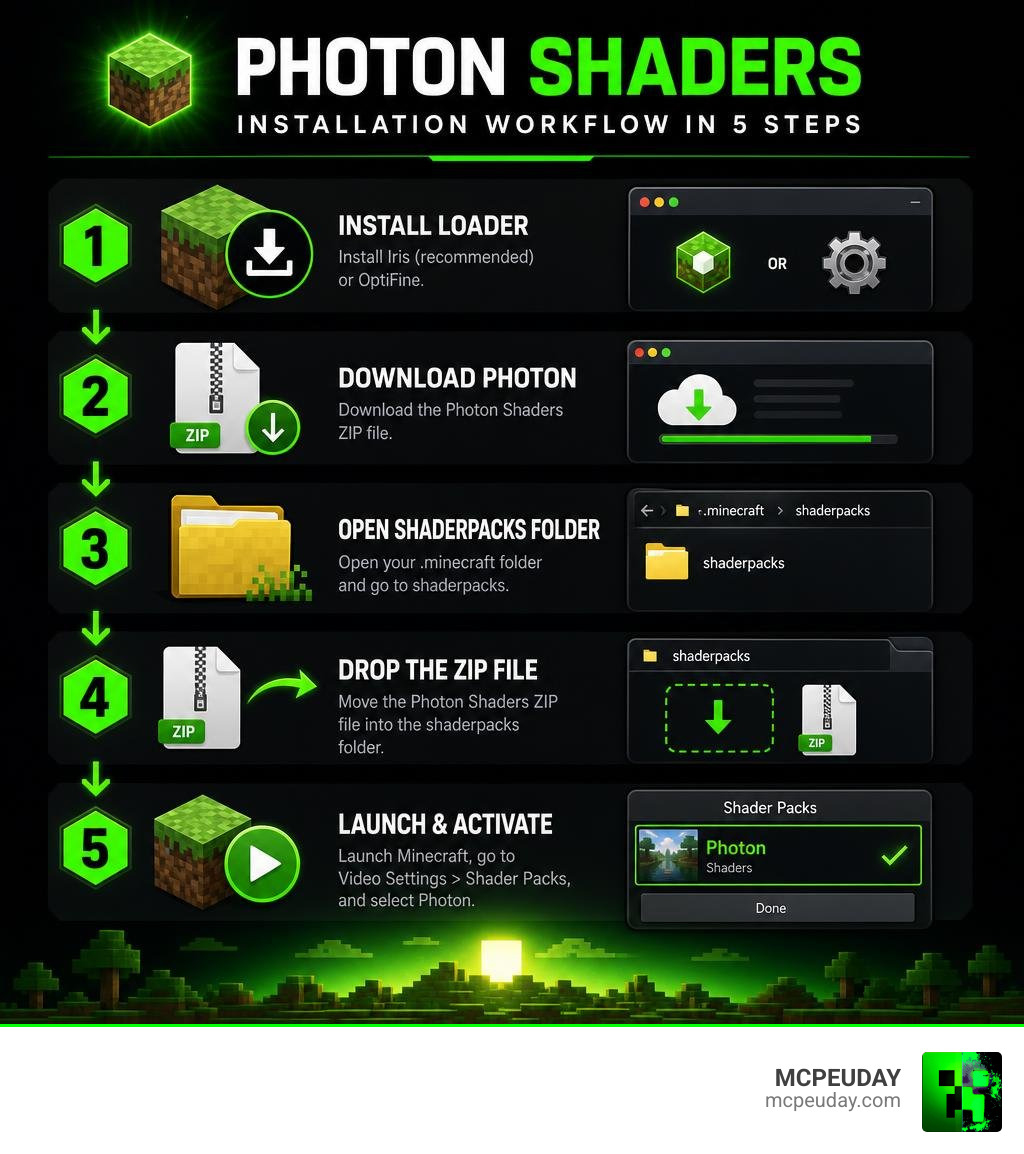 Photon Shaders installation workflow infographic showing 5 steps from download to activation infographic