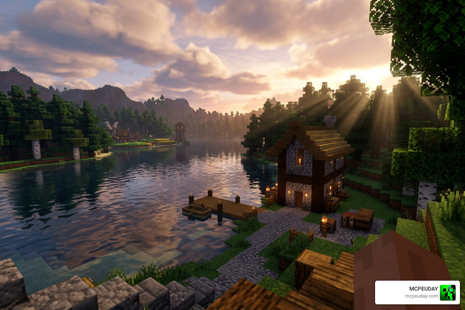 Minecraft gameplay with realistic shaders enabled, dramatic lighting and reflections Minecraft gameplay with realistic shaders enabled, dramatic lighting and reflections