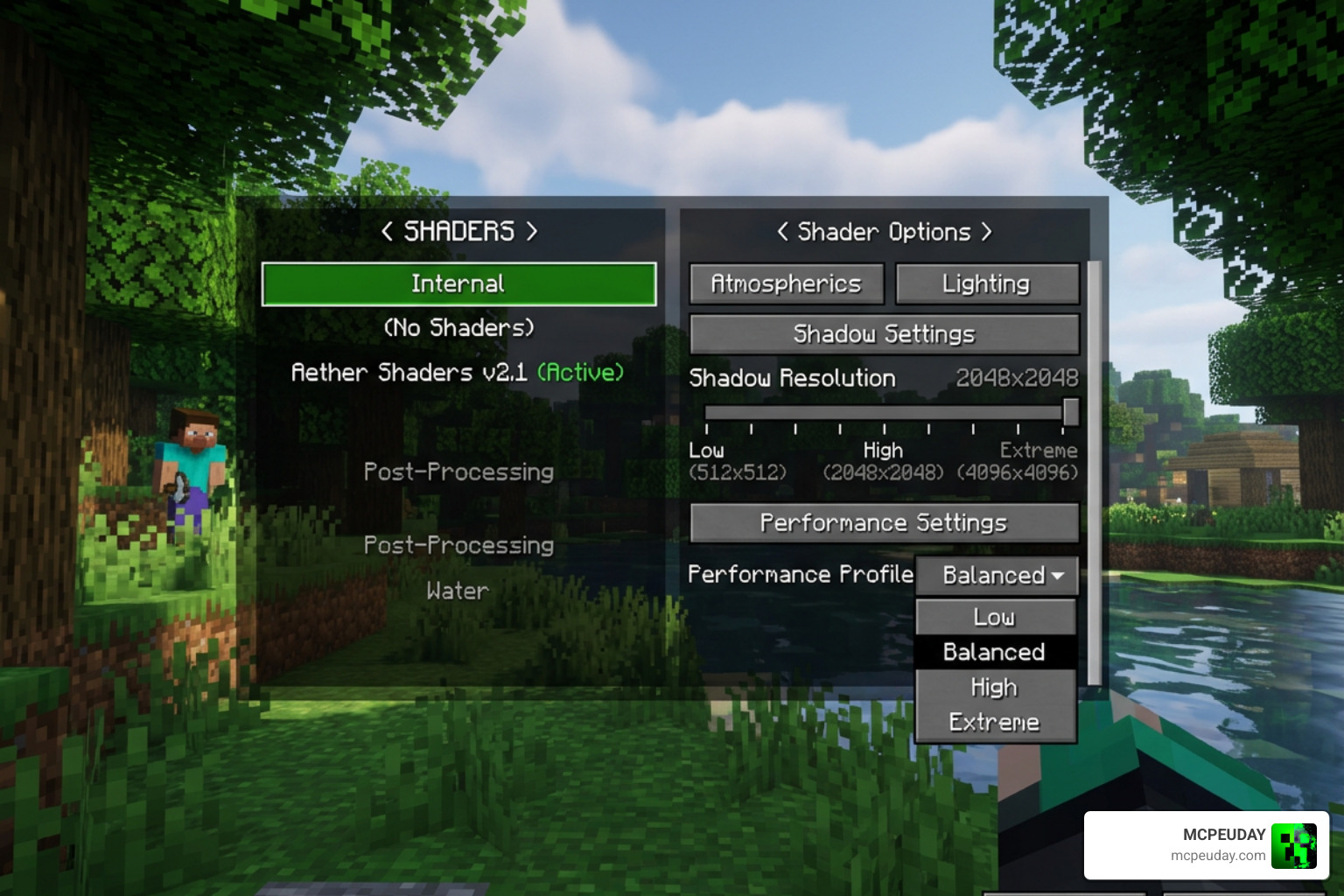 The in-game shader settings menu with options for shadow resolution and profile settings The in-game shader settings menu with options for shadow resolution and profile settings