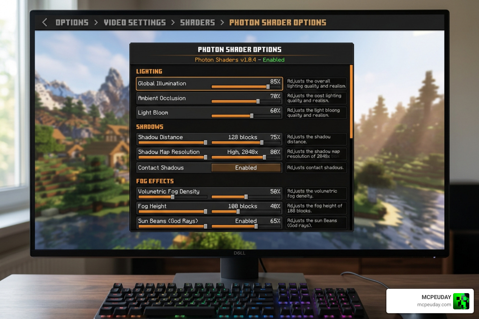 Photon shader settings menu