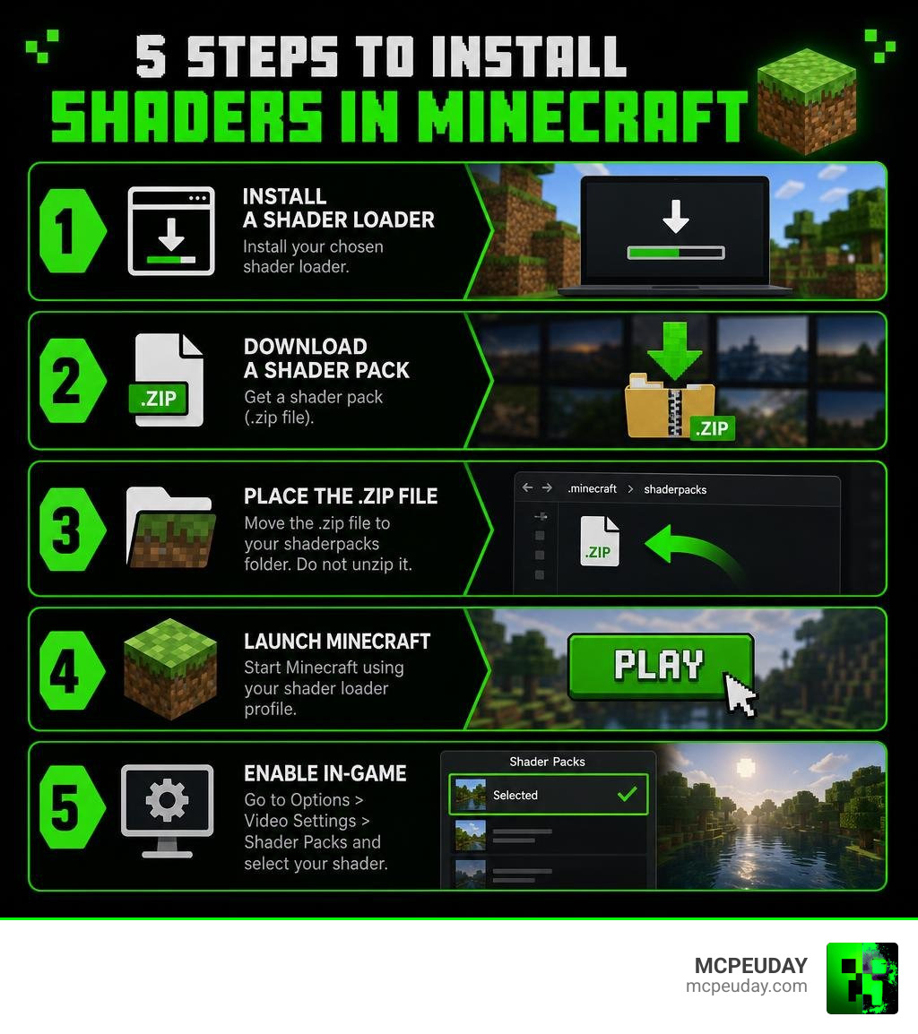 Infographic showing 5 steps to install shaders in Minecraft from loader install to in-game enable infographic Infographic showing 5 steps to install shaders in Minecraft from loader install to in-game enable infographic