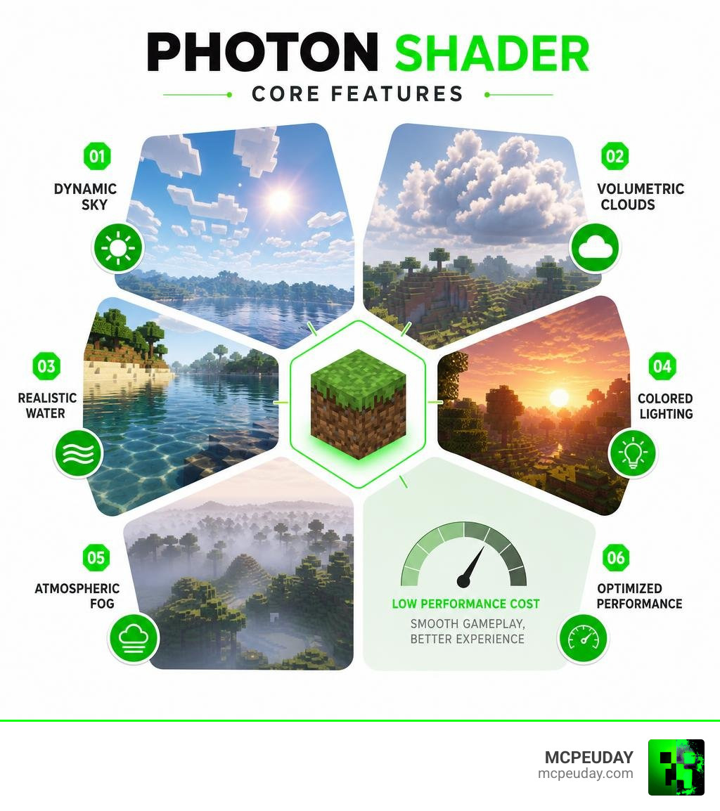 Photon Shader core features infographic: sky, clouds, water, colored lighting, fog, performance cost infographic