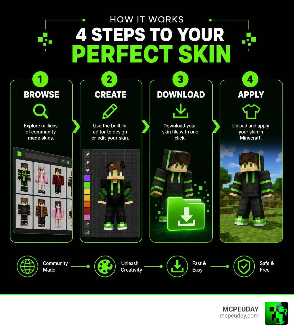 How Skindex works: browse, create, download, and apply Minecraft skins infographic How Skindex works: browse, create, download, and apply Minecraft skins infographic