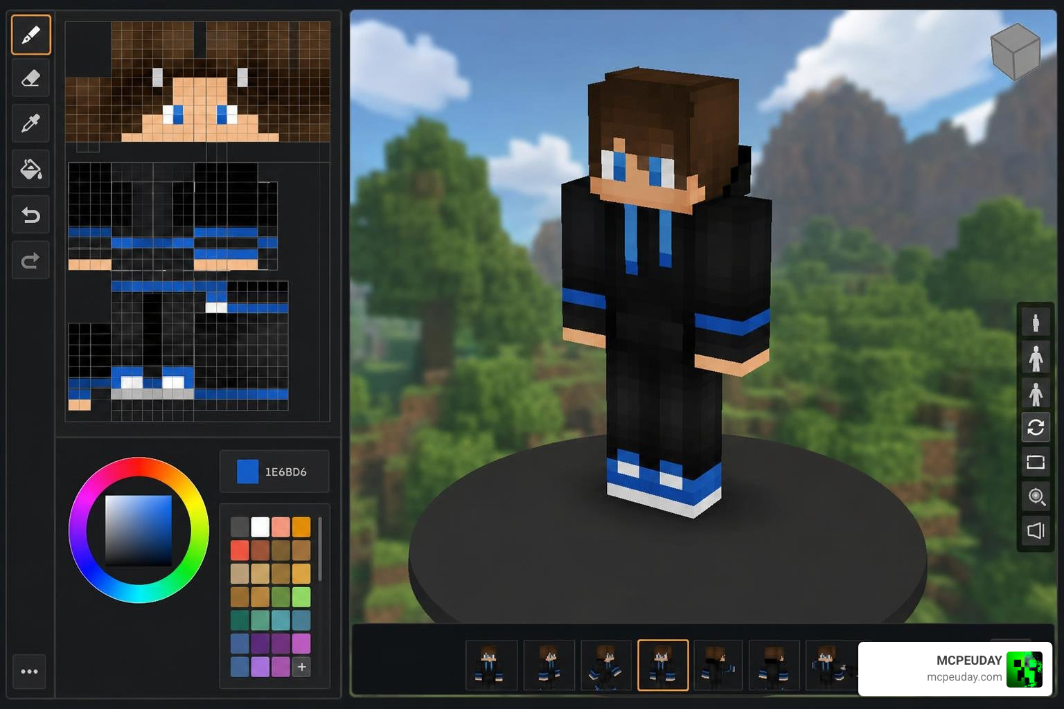 Minecraft skin editor on Skindex showing 3D model manipulation Minecraft skin editor on Skindex showing 3D model manipulation
