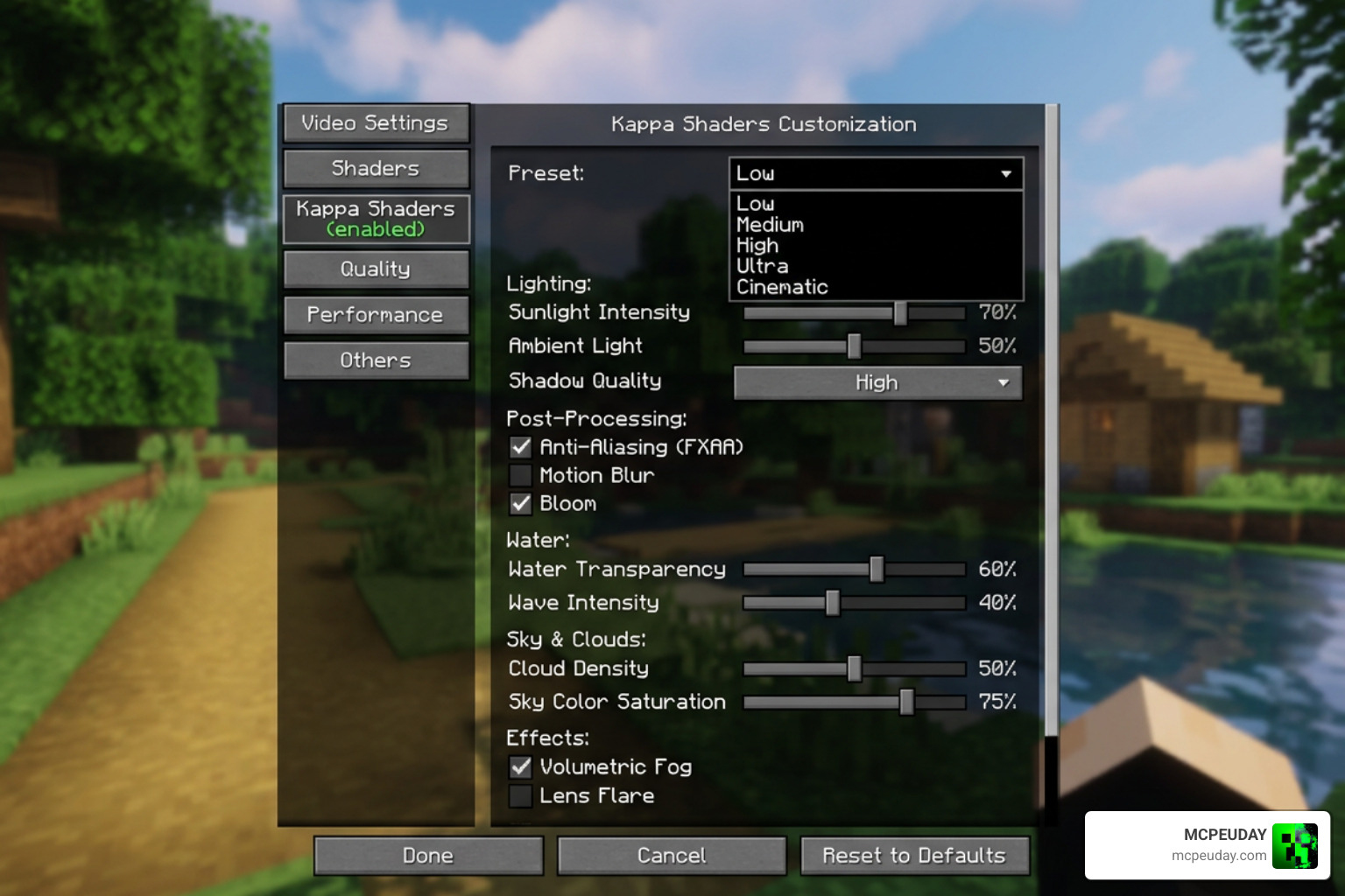 Kappa Shader settings menu showing customization options Kappa Shader settings menu showing customization options