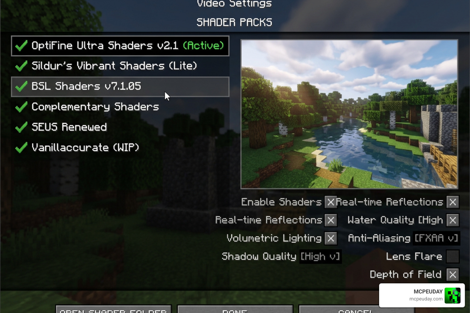 Iris Shaders settings menu showing real-time shader pack selection and toggle options