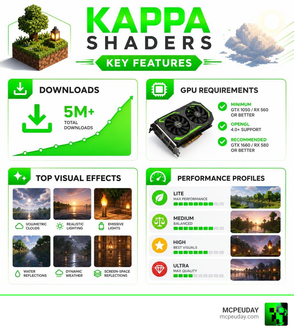 Kappa Shaders key features infographic: downloads, GPU requirements, top visual effects, and performance profiles infographic Kappa Shaders key features infographic: downloads, GPU requirements, top visual effects, and performance profiles infographic