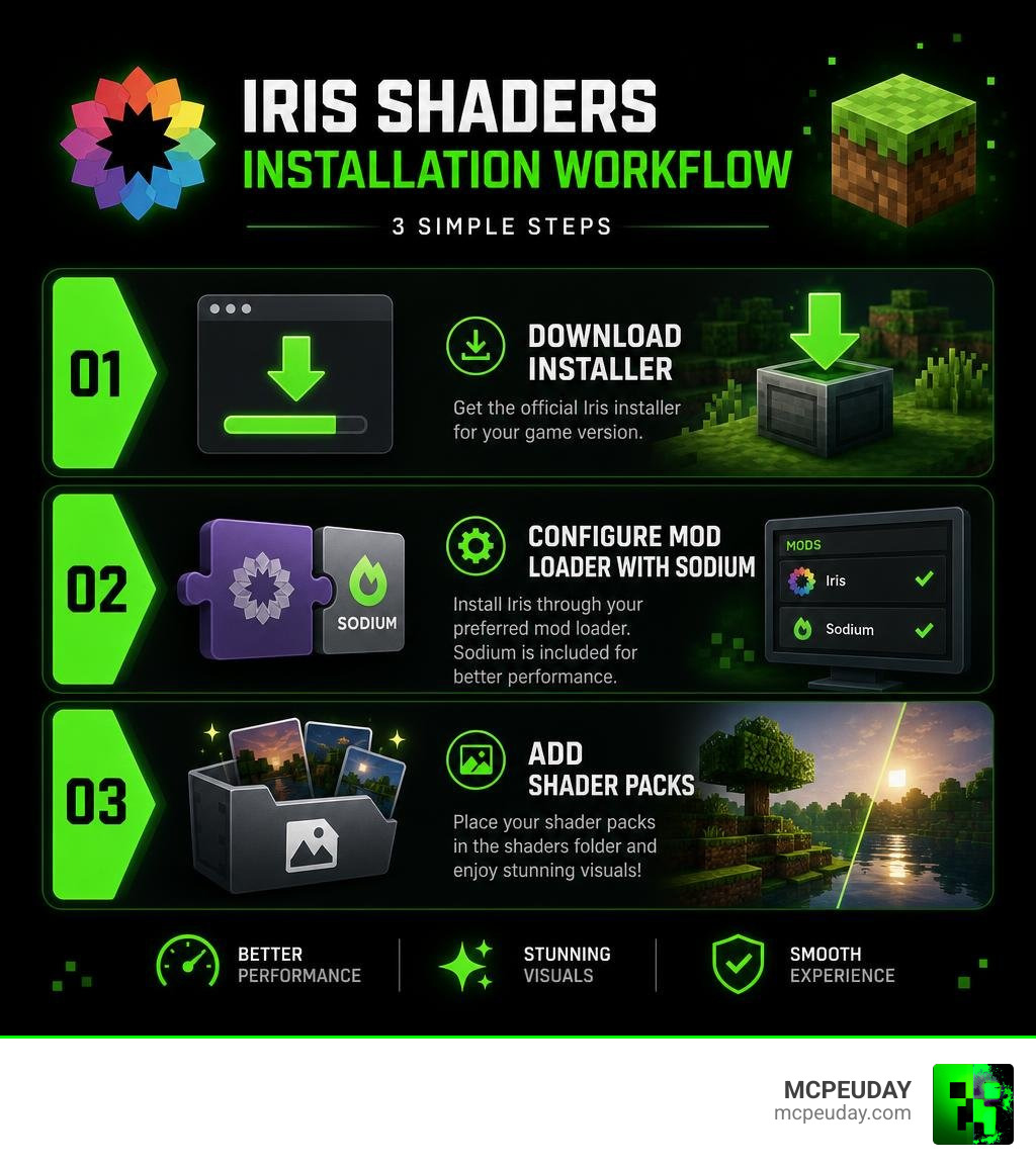 Iris Shaders installation workflow infographic showing 3 steps: download installer, configure mod loader with Sodium, add