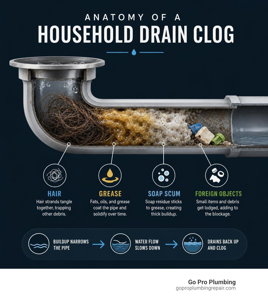 Infographic showing anatomy of a household drain clog including hair, grease, soap scum, and foreign objects infographic