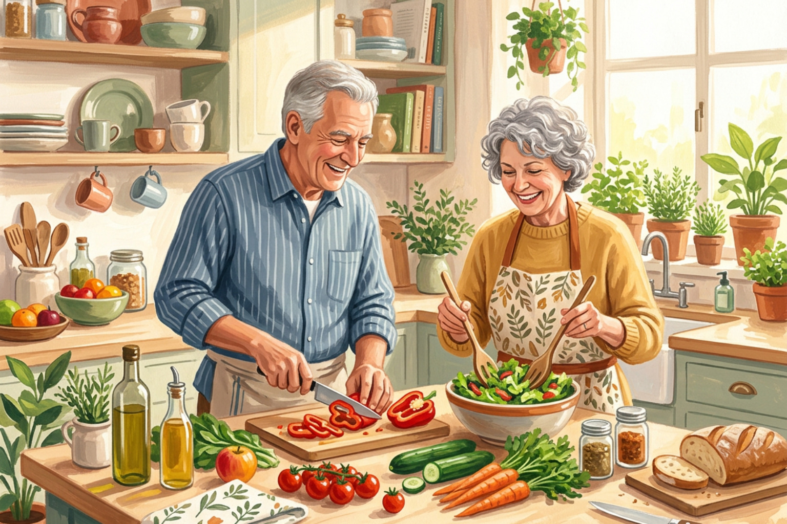 An older couple preparing a colorful, healthy lunch together in a sunlit kitchen