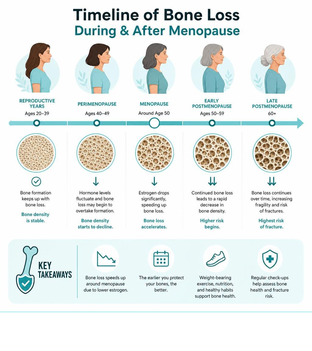 Timeline of bone loss stages during and after menopause with key statistics infographic
