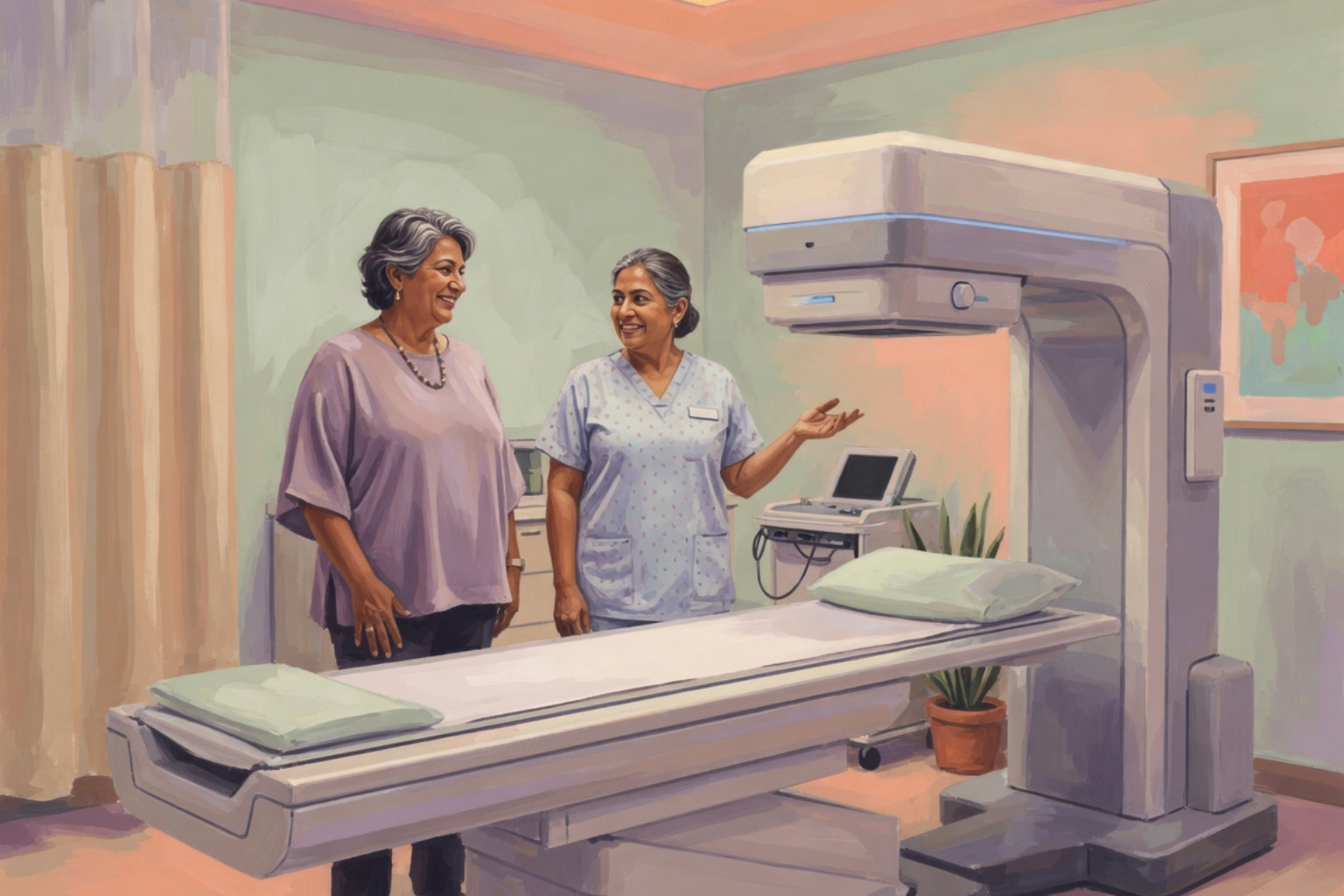 older woman standing near modern DEXA scan machine with healthcare technician