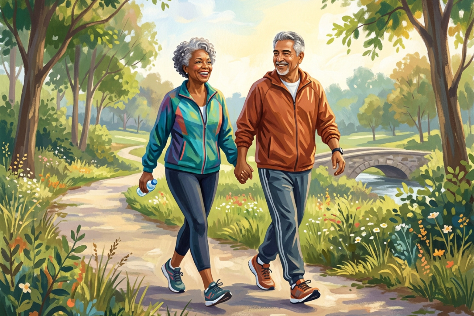 An older couple enjoying an active morning walk together, feeling strong and confident An older couple enjoying an active morning walk together, feeling strong and confident