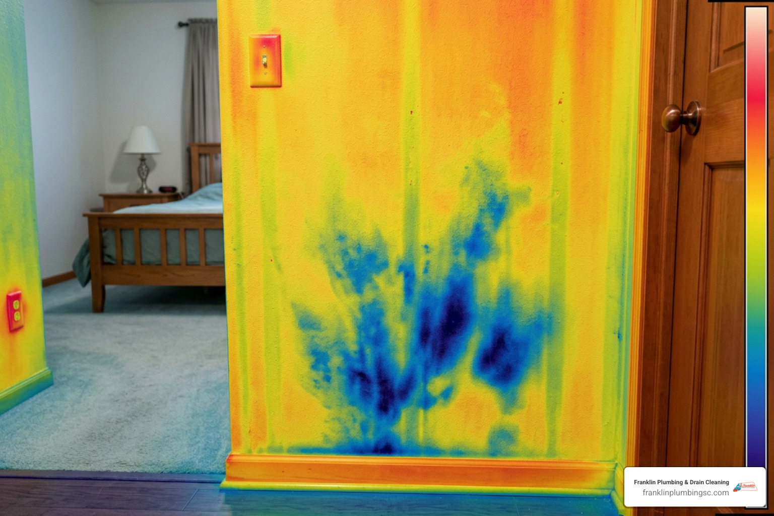 A thermal imaging camera displaying heat signatures and blue cold spots indicating water moisture hidden behind a A thermal imaging camera displaying heat signatures and blue cold spots indicating water moisture hidden behind a