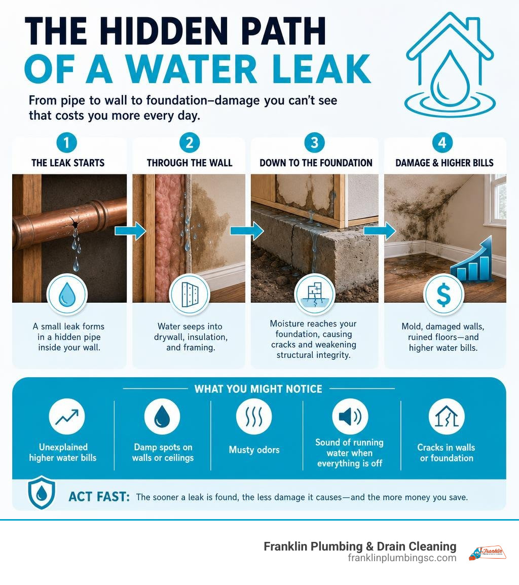 Infographic showing how a hidden household water leak travels from pipe to wall to foundation causing damage and higher Infographic showing how a hidden household water leak travels from pipe to wall to foundation causing damage and higher