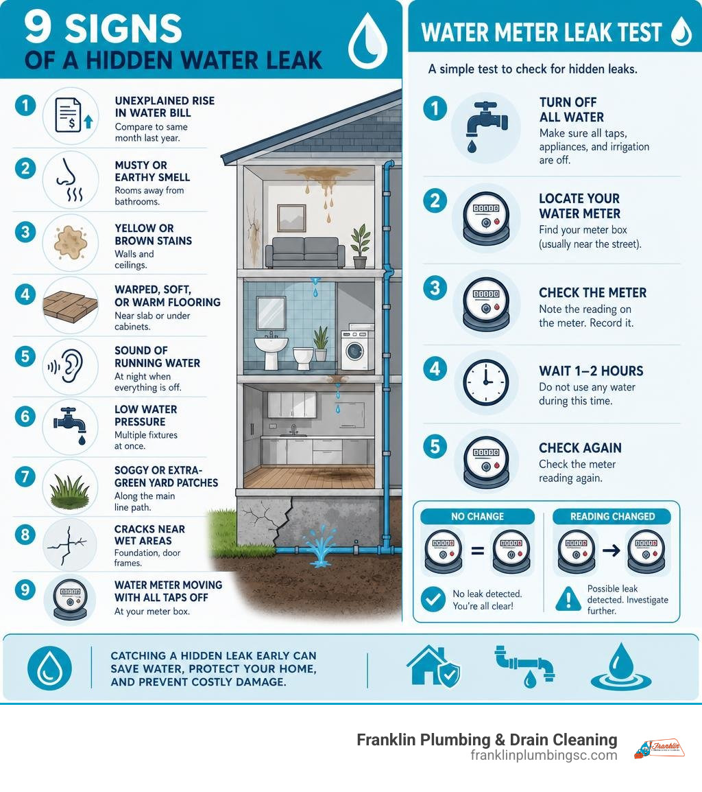 infographic showing 9 signs of hidden water leak and the water meter leak test steps infographic infographic showing 9 signs of hidden water leak and the water meter leak test steps infographic
