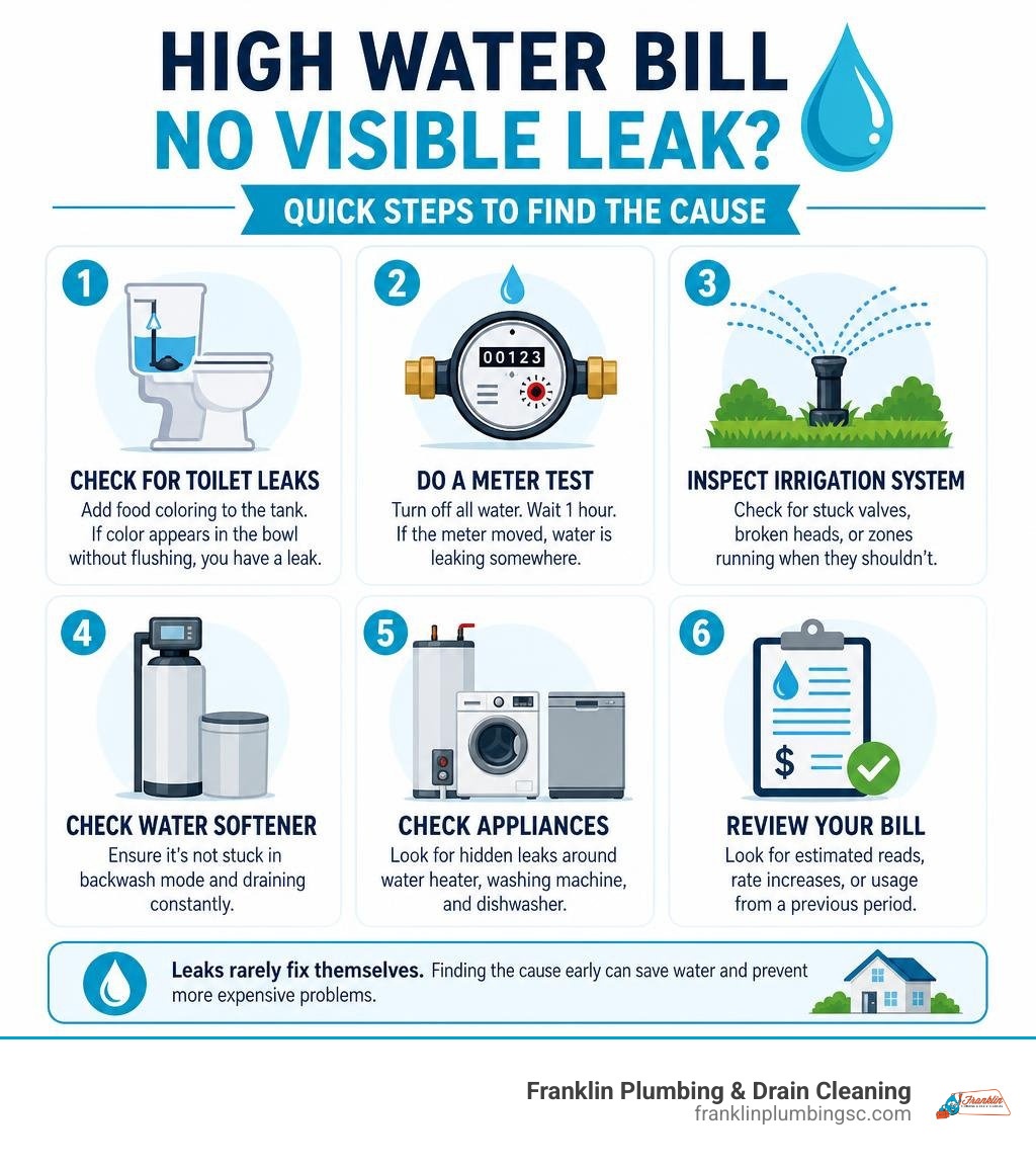 Quick steps infographic for high water bill with no visible leak diagnosis infographic