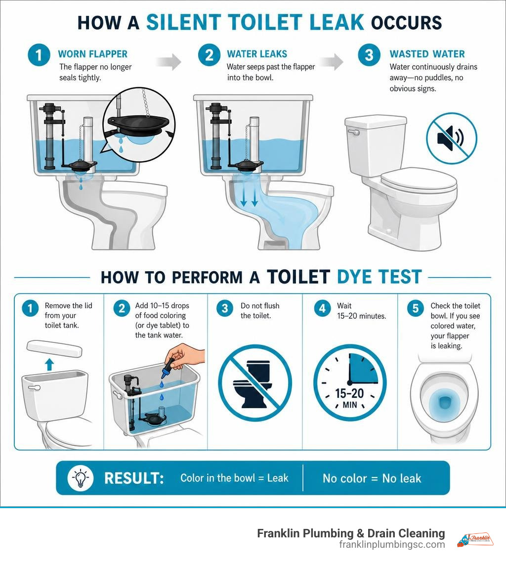Diagram showing how a silent toilet leak occurs and how to perform a dye test infographic