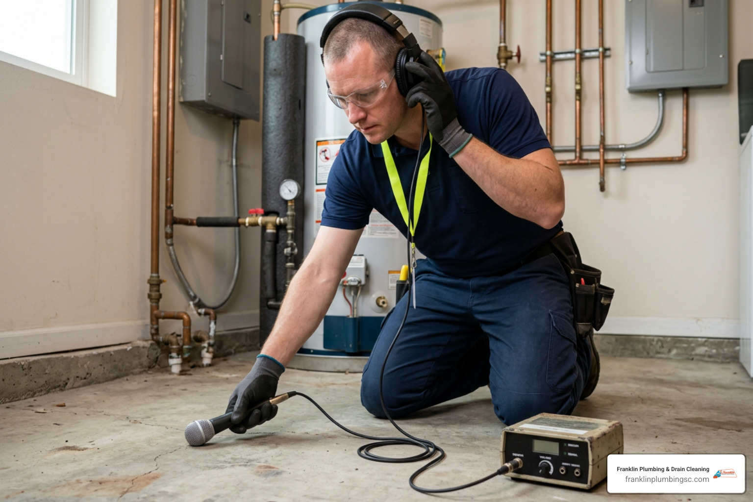 Plumber using acoustic leak detection equipment to locate a hidden water pipe leak Plumber using acoustic leak detection equipment to locate a hidden water pipe leak