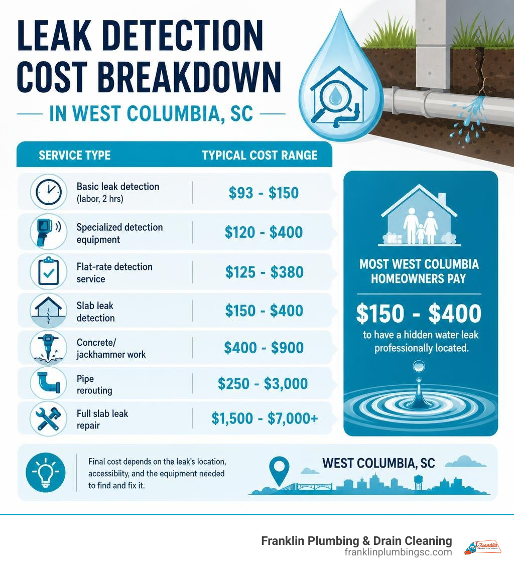 Infographic showing leak detection cost breakdown for West Columbia SC including service types and price ranges infographic Infographic showing leak detection cost breakdown for West Columbia SC including service types and price ranges infographic