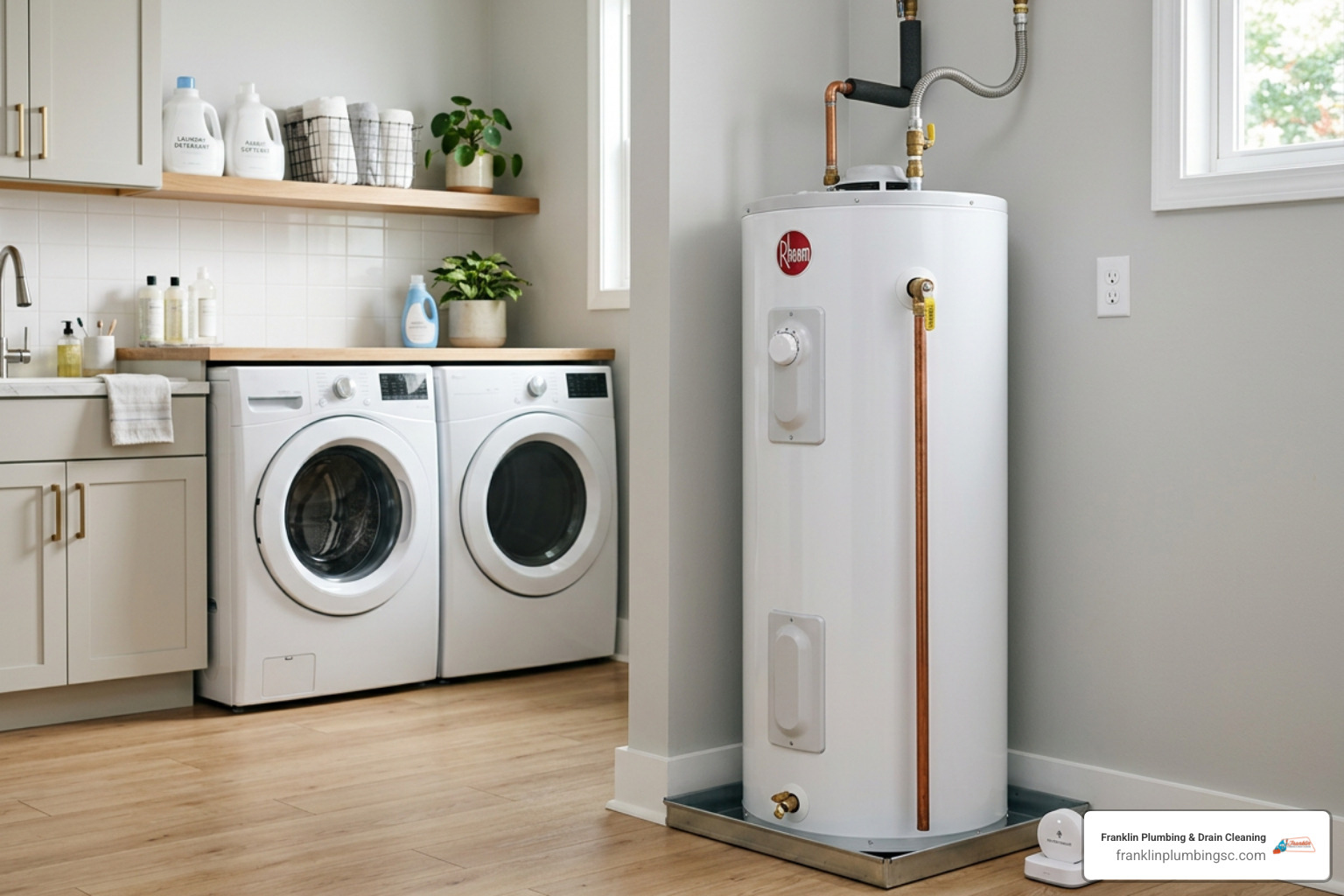 smart water leak detector installed next to a water heater in a Columbia SC laundry room smart water leak detector installed next to a water heater in a Columbia SC laundry room