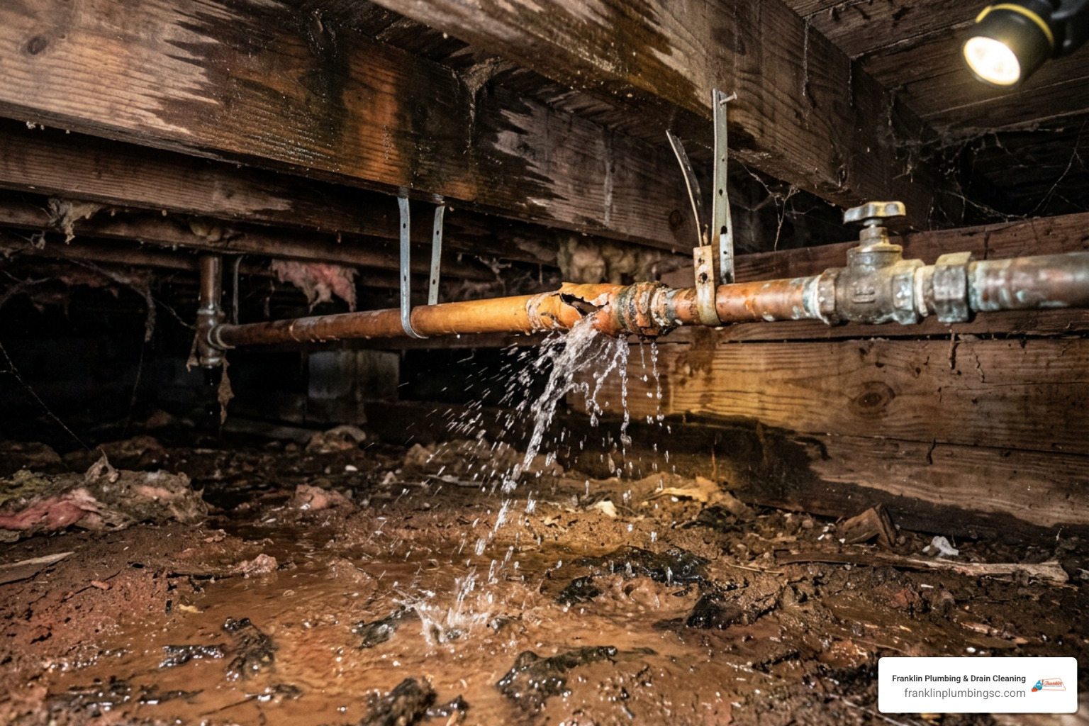 burst water pipe under a raised crawl space of an older Columbia SC home burst water pipe under a raised crawl space of an older Columbia SC home