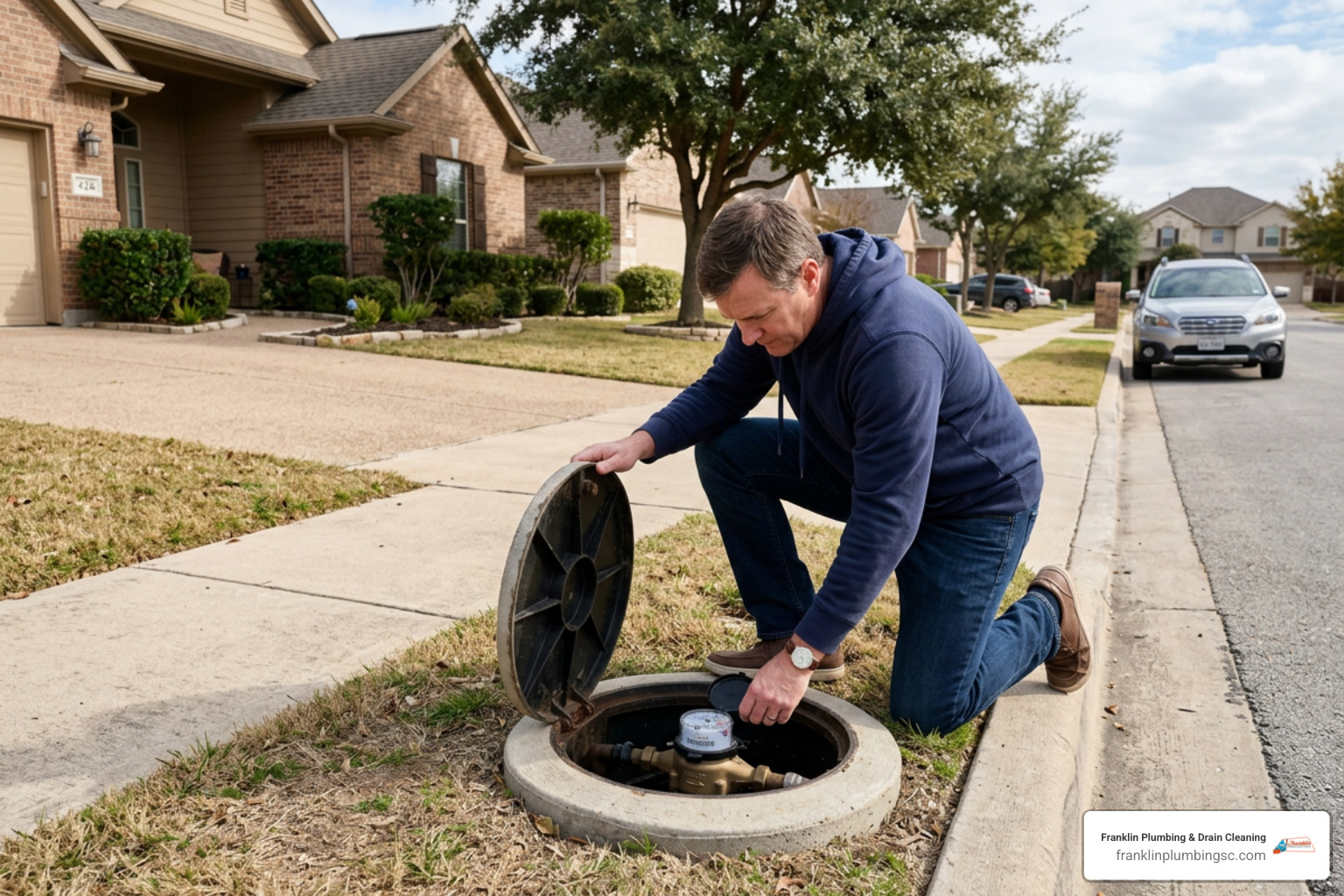 Homeowner checking water meter outside to check for slab leak symptoms