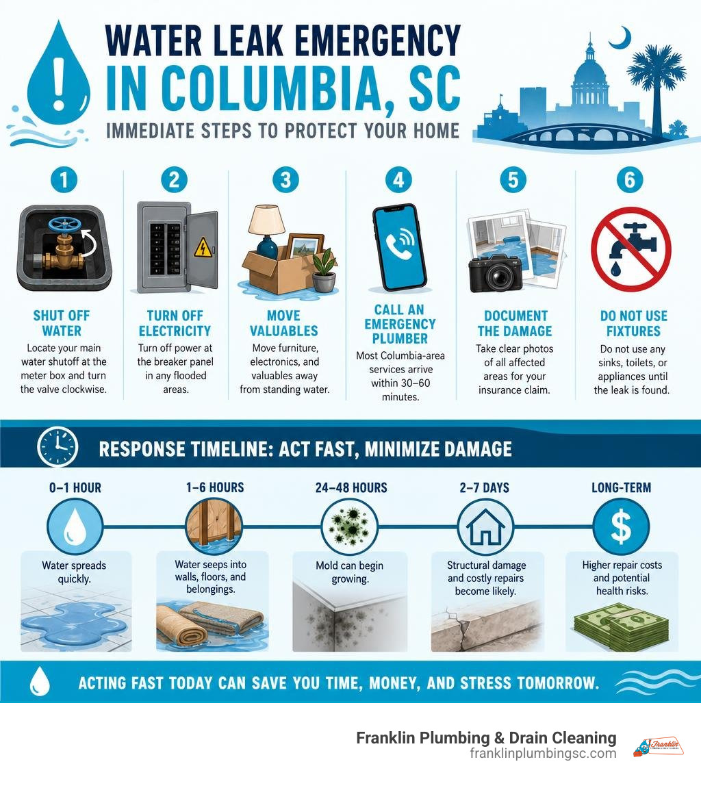 Infographic: immediate steps during a water leak emergency in Columbia SC with shutoff instructions and response timeline Infographic: immediate steps during a water leak emergency in Columbia SC with shutoff instructions and response timeline