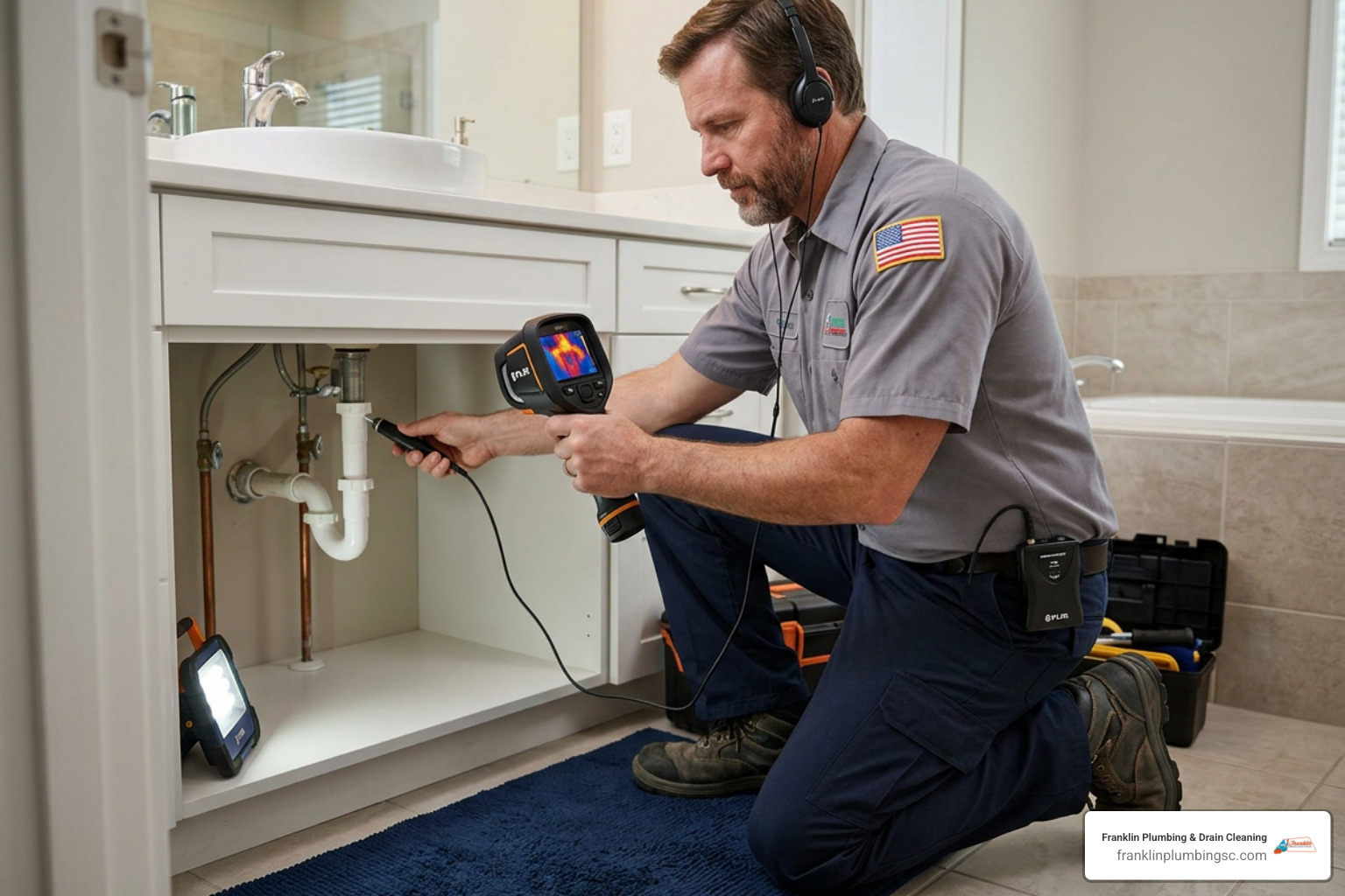 Professional plumbing technician using acoustic sensors and thermal imaging for leak detection