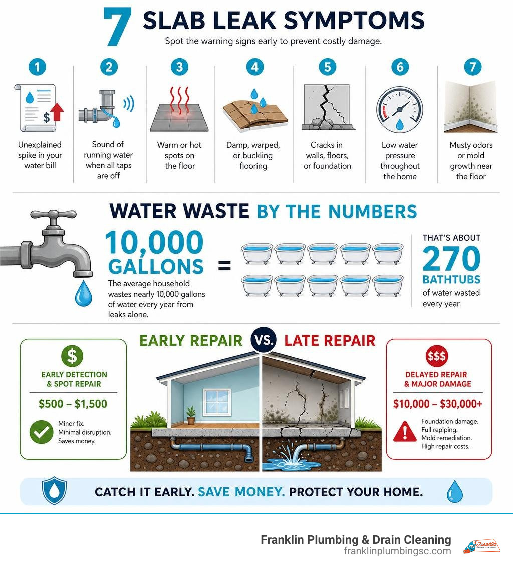 Infographic showing 7 slab leak symptoms, water waste statistics, and early vs late repair cost comparison infographic