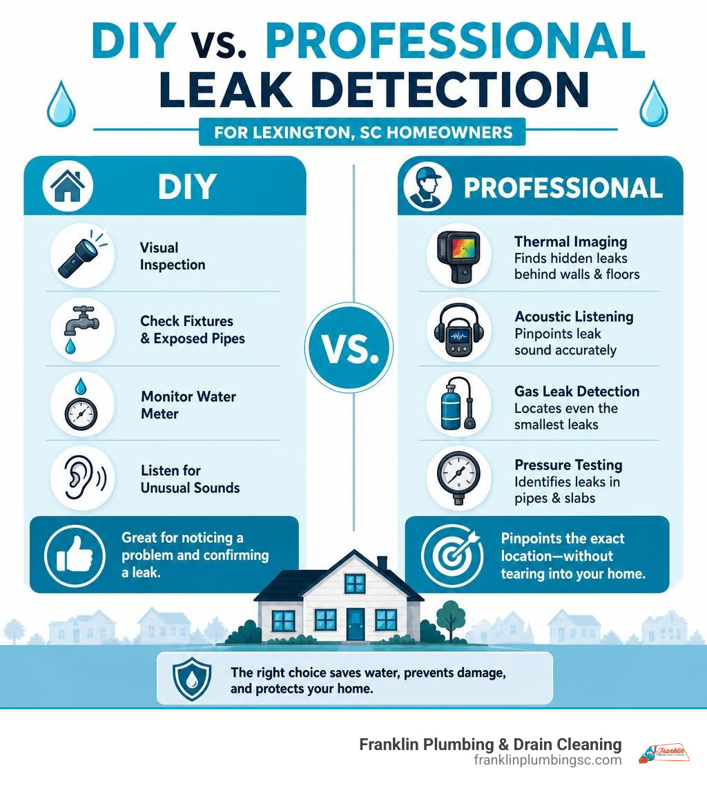 DIY vs professional leak detection comparison infographic for Lexington SC homeowners infographic