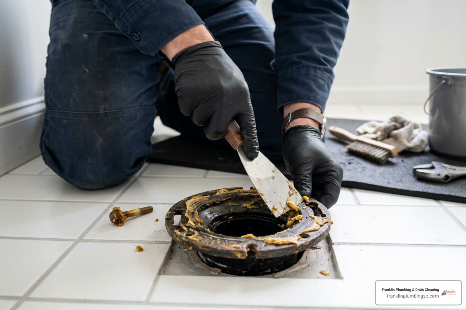 Plumber scraping old wax ring off a floor flange
