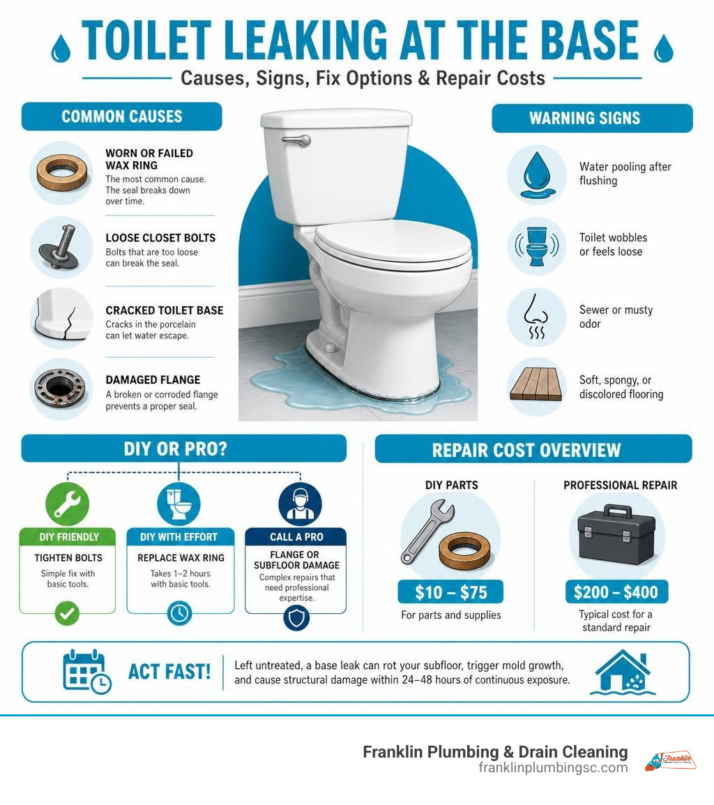 Infographic showing toilet base leak causes, warning signs, DIY vs pro decision, and repair cost overview infographic