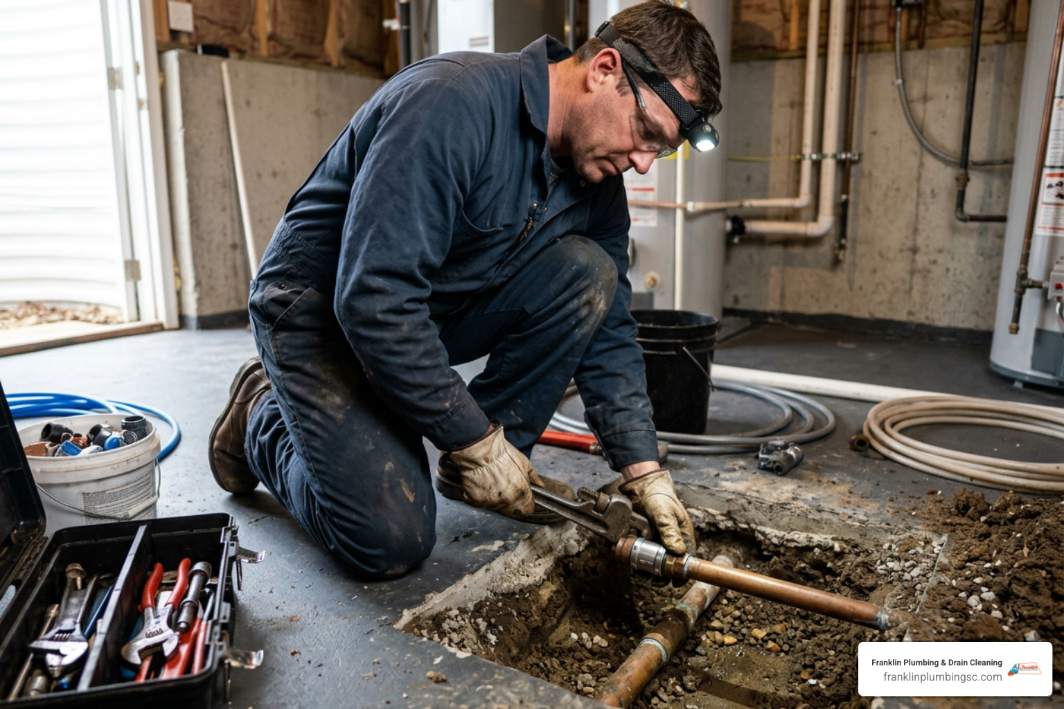 professional plumber repairing a water pipe under a concrete slab foundation