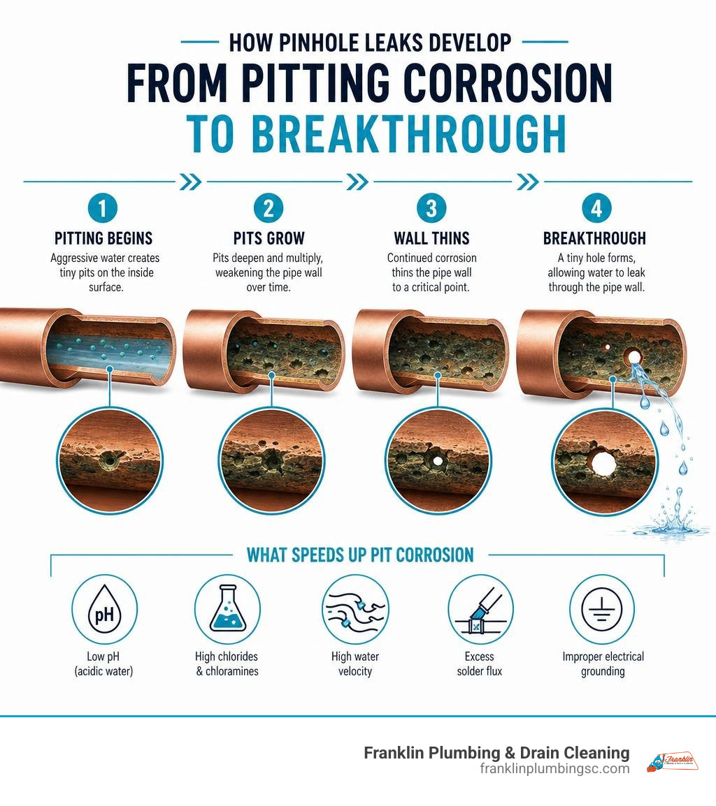 Infographic showing how pinhole leaks develop in copper pipes from pitting corrosion to breakthrough infographic